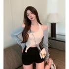 Long-sleeve Two-tone Cold-shoulder T-shirt / High Waist Shorts