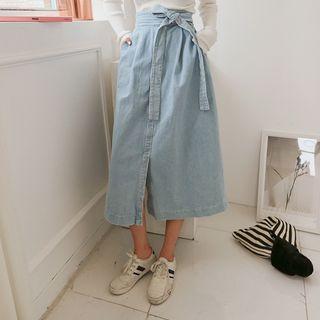 Tie-waist Denim A-line Long Skirt