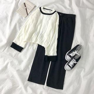 Contrast Trim Tie-back Sweater / High-waist Wide-leg Jeans
