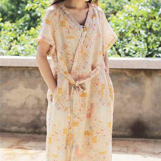 Short-sleeve Printed Maxi Wrap Dress As Shown In Figure - One Size