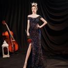 Off-shoulder Sequined Midi A-line Evening Gown