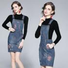 Set: Plain Sweater + Distressed Denim Mini Overall Dress