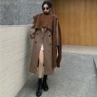Double-breasted Long Wool Coat / Asymmetric Knit Shawl