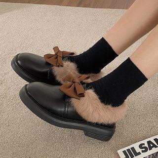 Furry Trim Bow Faux Leather Shoes