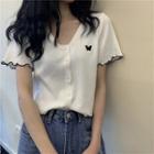 Short-sleeve Butterfly Embroidered Buttoned Top