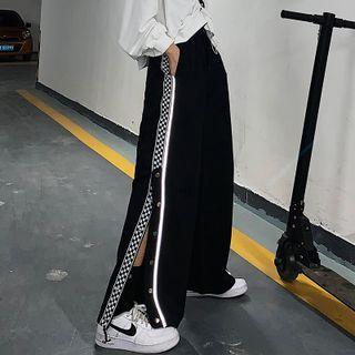 Checkerboard Trim Button Side Wide Leg Pants