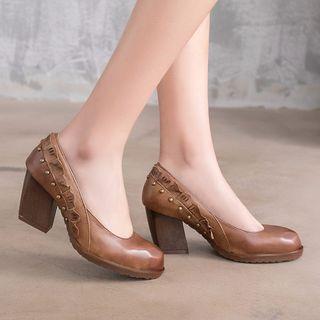 Chunky-heel Studded Frill-trim Pumps