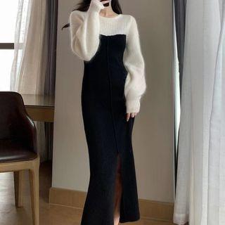 Two-tone Front-slit Midi Sweater Dress Black - One Size