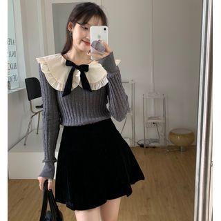 Collared Ribbed Knit Top / A-line Skirt