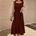 Square-neck Buttoned Long-sleeve Midi A-line Dress