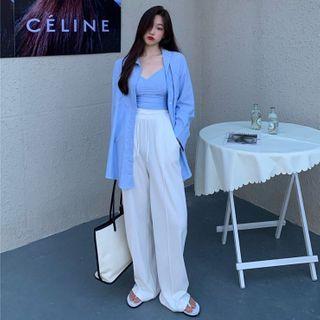 Long-sleeve Striped Shirt / Spaghetti Strap Top / Wide-leg Pants / Set