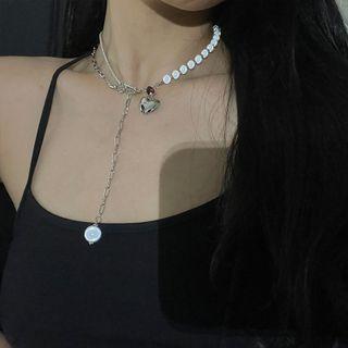 Heart Gemstone Pendant Faux Pearl Choker Silver - One Size