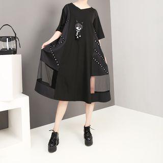 Mesh Panel Black V-neck Short-sleeve Dress Black - One Size