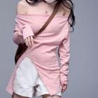 Long-sleeve Off-shoulder Asymmetric Loose Fit Top Pink - One Size