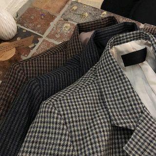 Padded-shoulder Wool Blend Checked Blazer