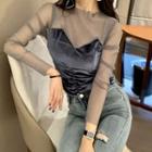 Long-sleeve Glitter Mesh Shirred Velvet Top