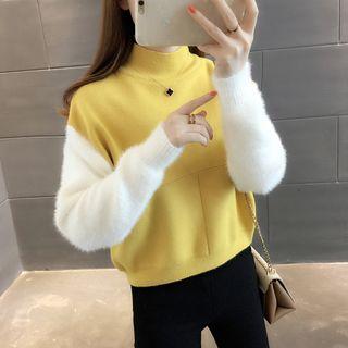 Mock Neck Furry Panel Sweater