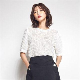 Elbow-sleeve Frill-pattern Lace Top White - One Size