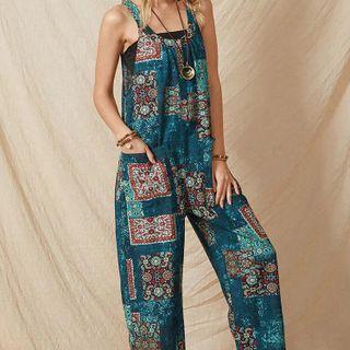 Wide Strap Patterned Harem Jumpsuit