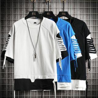Short-sleeve Mock Two-piece Distressed T-shirt