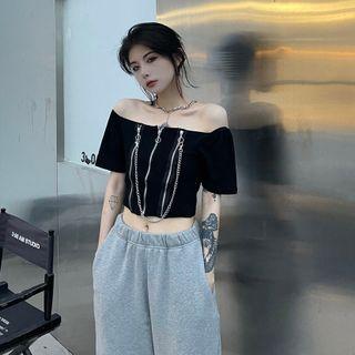 Short-sleeve Chained Off-shoulder Crop Top Black - One Size