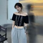 Short-sleeve Chained Off-shoulder Crop Top Black - One Size