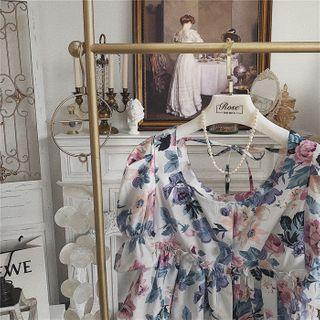 Floral Puff-sleeve Ruffle Trim Blouse As Shown In Figure - One Size