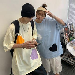 Couple Matching Elbow Sleeve Heart Panel T-shirt