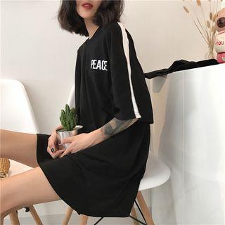 Lettering Contrast Trim Elbow Sleeve T-shirt Dress