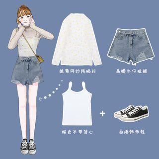 Long-sleeve Floral Mesh Top / Spaghetti Strap Top / Distressed Denim Shorts