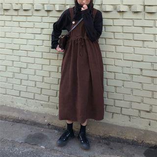 Turtle Neck Long-sleeve Plain Sweatshirt / Tie Waist Plain Pinafore Dress