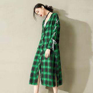 Lace-up Plaid Midi Dress
