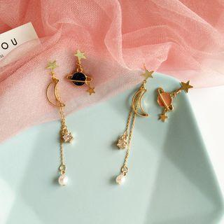 Moon & Planet Rhinestone Faux Pearl Asymmetrical Fringed Earring