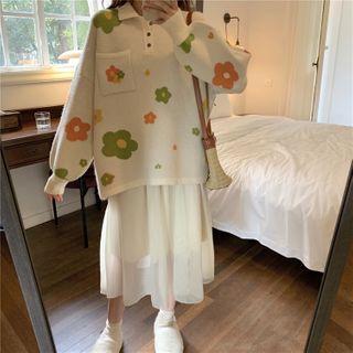 Polo Collar Flower Puff-sleeve Sweater