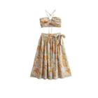 Set: Strappy Print Bralette + Tie-waist Midi A-line Skirt