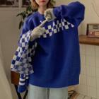 Set : Chessboard Pattern Knit Sweater + Plaid Scarf
