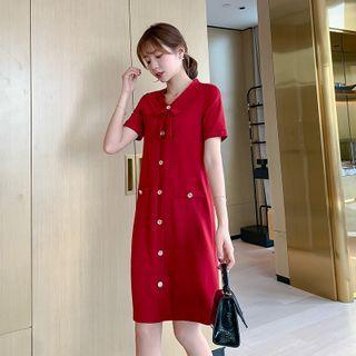 Plain Short-sleeve Button A-line Dress