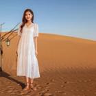 Puff-sleeve Genuine Silk Midi A-line Dress