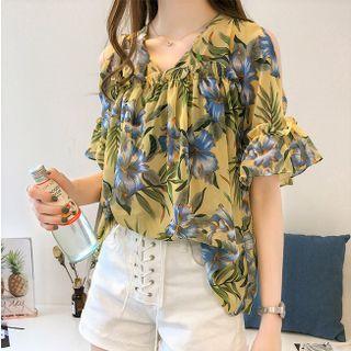 Elbow-sleeve Cold-shoulder Flower Print Blouse