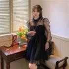 Long-sleeve Mock-neck Dotted Mesh Overlay Mini A-line Dress