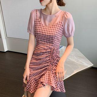 Short-sleeve Top / Strappy Plaid A-line Dress