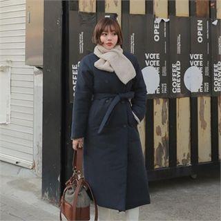 Set: Collarless Long Padded Coat With Sash + Sherpa-fleece Scarf