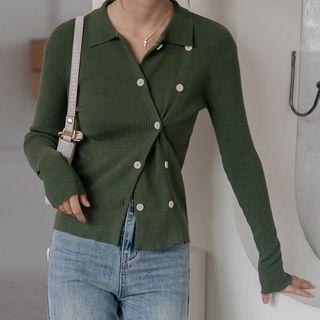 Polo-neck Single-breasted Long-sleeve Knitted Top