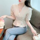 Short Sleeve Layered Collar Lace Wrap Peplum Blouse