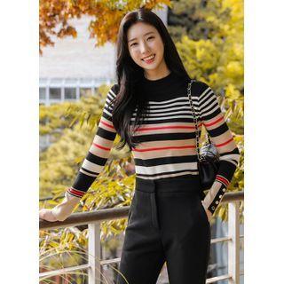 Mock-neck Button-cuff Stripe Knit Top