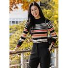 Mock-neck Button-cuff Stripe Knit Top