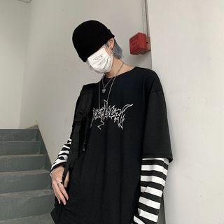 Mock Two-piece Long-sleeve Printed T-shirt Stripe - Black - One Size