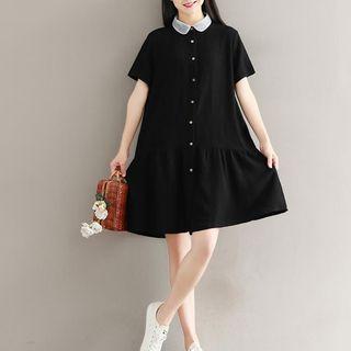 Short-sleeve Contrast-neck Ruffle-hem Shirtdress