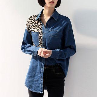 Long-sleeve Leopard Print Denim Shirt