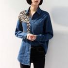 Long-sleeve Leopard Print Denim Shirt